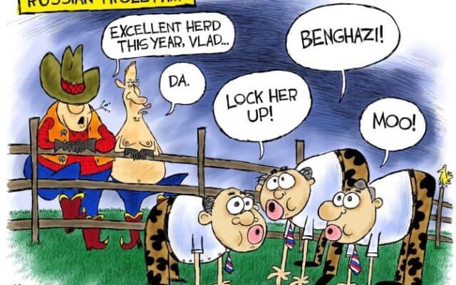A political cartoon depicting a farmer looking at his cattle, which are actually men dressed up as cattle. The "cattle" are saying things such as, "moo" and "lock her up" and "benghazi" The cartoon is making a joke of how Russian trolls disguise themselves to infilrate American social media to mimic political conversation and amplify certain subjects that reflect poorly on then-candidate Hillary Clinton